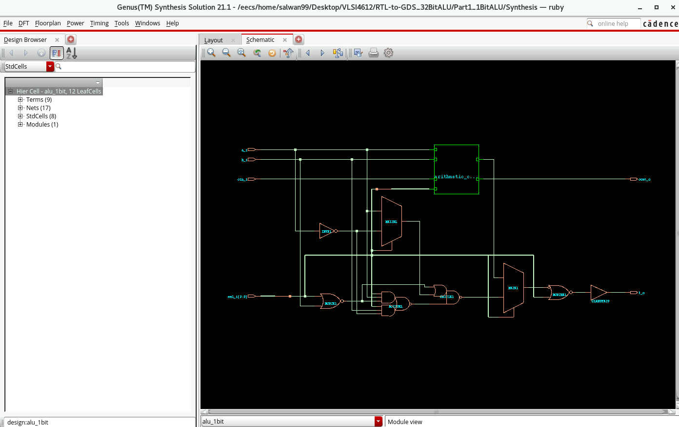 Genus technology-mapped gate-level netlist of the 1-bit ALU slice
