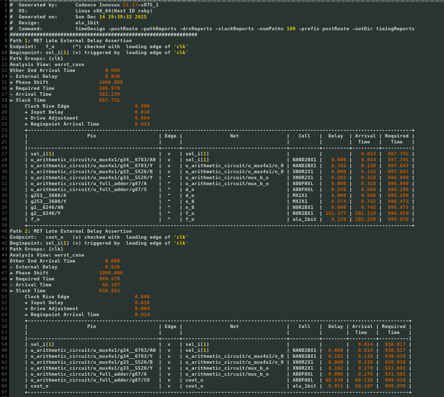 Genus timing report showing the critical path through the arithmetic mux and full adder