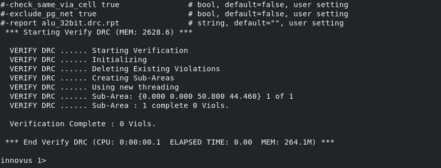 Innovus design-rule check result for the 32-bit hierarchical ALU