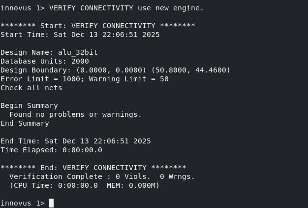 Innovus connectivity verification for the 32-bit hierarchical ALU
